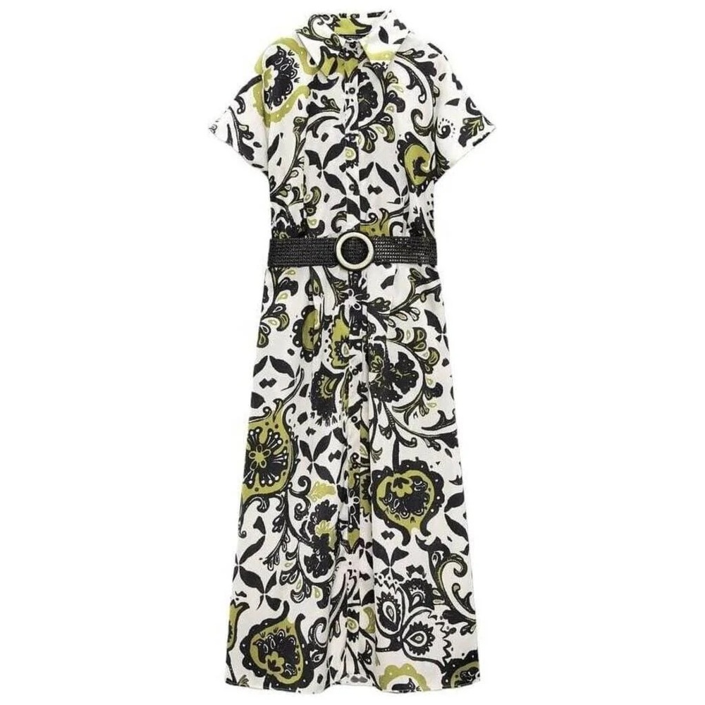 Zara printed long button down satin dress
